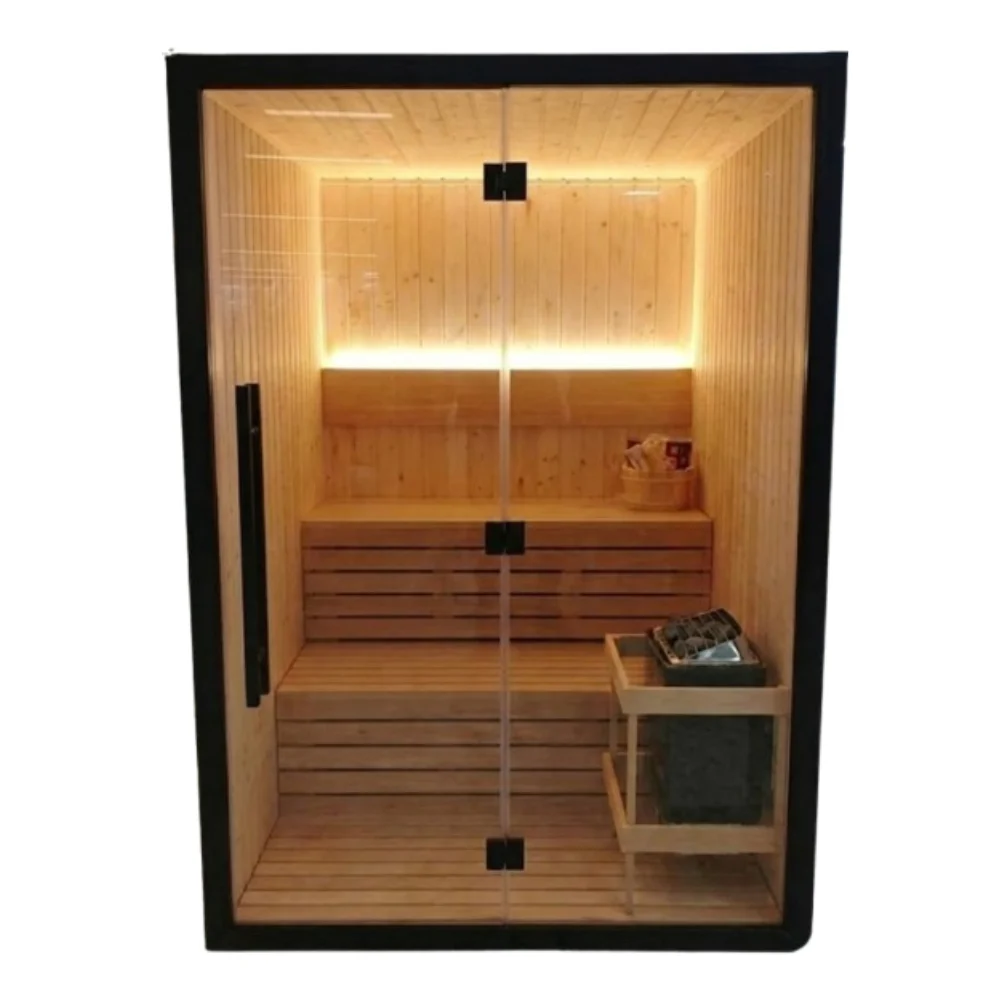 SAUNA ABETO+FRONTAL ALUMINIO+CRISTAL 154*140*210 PLUG & PLAY
